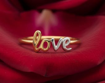 14K Solid Gold Love Ring, Script Letter Love Band, Dainty Stackable Minimal Ring for Women, Pinky Pointer Everyday Jewelry, Romantic Gift