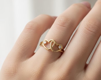 Dainty Double Heart Promise Ring in Solid Gold with CZ, Romantic Minimal Gold Ring, Heart Symbol Jewelry, Valentine's Day Gift