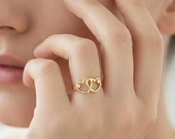 Dainty Double 14k Solid Gold Heart Promise Ring with CZ, Romantic Minimal Gold Ring, Heart Symbol Jewelry, Valentine's Day Gift