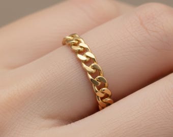 14k Solid Gold Cuban Chain Ring, Dainty Curb Link Band, Handmade Minimalist Gold Ring for Women, Stackable Pinky Ring, Gift for Wife