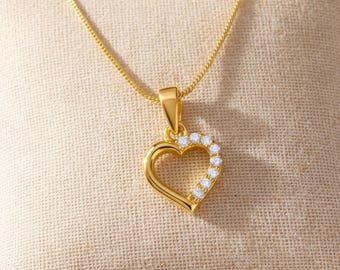 14K Solid Gold Pave Heart Necklace, Rose Gold Open Heart Pendant with Stones, 925 Silver Dainty Romantic Necklace, Everyday Gift for Her