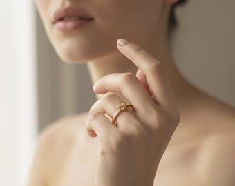 Dainty 14K Solid Gold Heart Ring with CZ, Real Gold Band