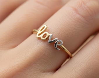 14K Solid Gold Love Ring, Script Letter Love Band, Dainty Stackable Minimal Ring for Women, Pinky Pointer Everyday Jewelry, Romantic Gift