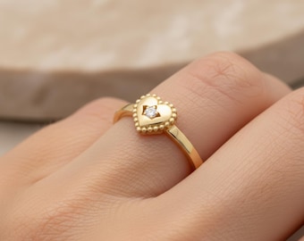 14K Solid Gold Heart Ring with CZ, Minimalist Diamond Heart Band for Women, Real Gold Signet Ring Everyday Use, Valentines Day Gift