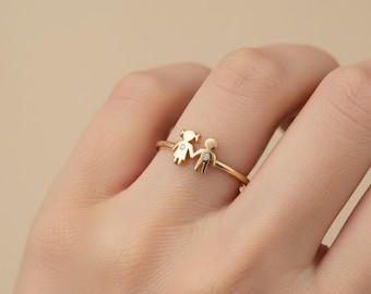 18k Real Gold Meaning Ring, Mother Father Child Figure Ring, Minimalist Symbolic Gold Ring, Everyday Family Jewelry Gift