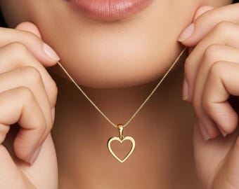 14K Solid Gold Heart Necklace, Real White Gold Open Heart Pendant, Minimalist Dainty Necklace for Women, Valentines Day Gift for Girlfriend