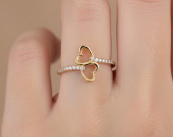 14K Solid Gold Open Heart Ring with CZ, Minimalist Heart Band, Dainty Stacking Pinky Ring for Women, Romantic Gift for Her