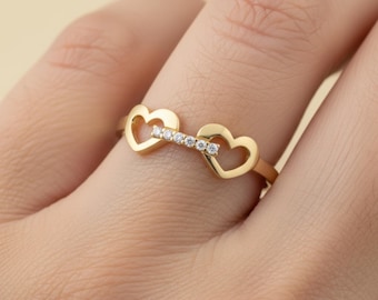 14K Solid Gold Two Heart Ring with CZ, Minimalist Dainty Heart Band for Women, Real Gold Stacking Ring Everyday Use, Valentine's Day Gift