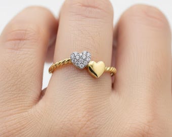 14K Solid Gold Double Heart Ring, Pave Diamond Heart Ring, Minimalist Romantic Pinky or Stacking Ring, Gift for Her