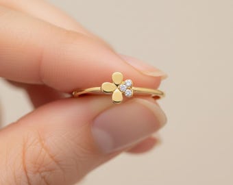 14K Solid Gold Flower Ring with CZ, Minimalist Dainty Gold Ring, Stacking Pinky Ring for Women, Real Gold for Everyday Promise Gift