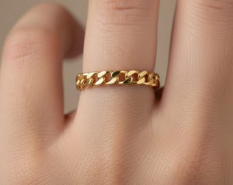 14k Solid Gold Cuban Chain Ring, Dainty Curb Link Band, Handmade Minimalist Gold Ring for Women, Stackable Pinky Ring, Gift for Girlfriend
