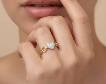 14k Gold Pave Diamond Heart Signet Ring, Solid Gold Pinky Ring, CZ White Diamond in Rose, White or Yellow Gold, Valentines Day Gift for Her