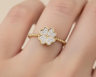 14K Solid Gold Flower Ring with CZ, Pave Diamond Dainty Minimalist Gold Ring for Women, Pinky Stacking Ring, Everyday Promise Gift