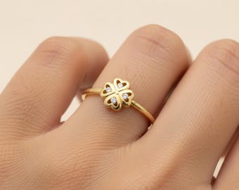 Four Leaf Clover Ring in 14K Solid Gold, Diamond Clover Heart Ring, Lucky Gold Band for Women, Minimalist Romantic Gift
