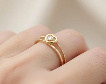 Heart Ring Handmade with 14k Solid Gold, Dainty Stacking Band with Minimalist Diamond for Anniversary, Valentines Day Gift