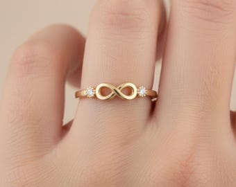 14K Gold Ring with Infinity Heart Design, Dainty Solid Gold Band, Minimalist Stackable Pinky Ring, Romantic Gift for Her