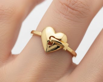 Key to My Heart Ring in Real Solid Gold, Heart Key Promise Ring for Her, Skeleton Key Statement Ring, Romantic Valentine’s Gift