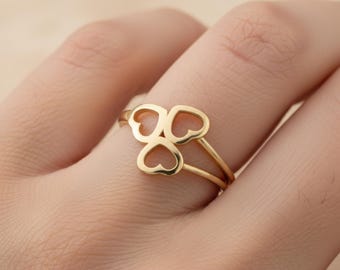 14K Solid Gold Triple Heart Ring, Minimalist Open Heart Band for Women, Dainty Stacking Gold Ring, Romantic Gift, Valentine's Day Gift