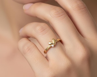 14K Solid Gold Heart Ring with CZ, Minimalist Unique Heart Band for Women, Real Gold Stacking Ring Everyday Use, Valentines Day Gift