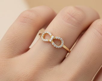 Infinity Diamond Ring in 14K Solid Gold, Pave Infinity Gold Ring, Minimalist Dainty Pinky Ring, Romantic Gift for Her