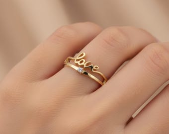 14K Solid Gold Love Ring, Script Letter Love Band, Dainty Stackable Minimal Ring for Women, Pinky Pointer Everyday Use, Valentine's Day Gift
