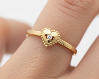14K Solid Gold Heart Signet Ring with CZ, Minimalist Diamond Heart Band for Women, Real Gold Pinky Ring Everyday Use, Valentines Day Gift