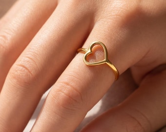 14K Solid Gold Minimalist Thin Heart Ring, 925 Sterling Silver Dainty Heart Ring, Promise Ring, Valentine's Day Gift, Mother's Day Gift