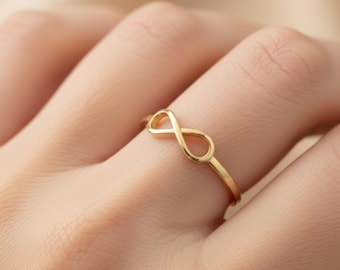 Infinity Diamond Ring in 14K Solid Gold, Infinity Real Gold Ring, Minimalist Dainty Stacking Pinky Ring, Gift for Her