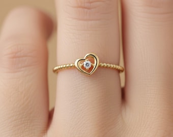 14K Solid Gold Heart Ring with CZ, Minimalist Dainty Real Gold Ring, Stacking Pinky Ring for Women, Everyday Promise Ring Gift