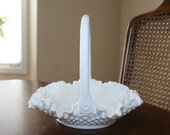 Vintage Fenton Hobnail White Milk Glass Basket with Handle Cottage Romantic Chic