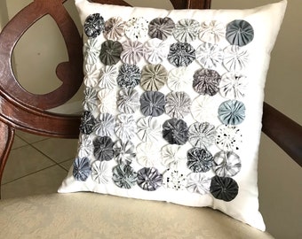 Shades of Gray and White, Quilted Yo Yo Handmade, Accent Decorative Pillow