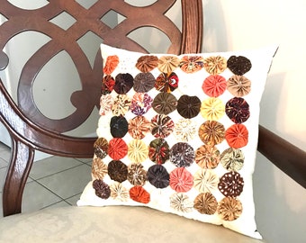 Shades of Autumn, Fall, Yo Yo, Quilt, Decorative Pillow, Handmade Original Design, Brown, Beige, Orange, Gold