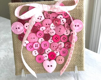 Handmade Pink Button Heart on Canvas, Original Design, Shades of Pink Colors, Valentine's Day