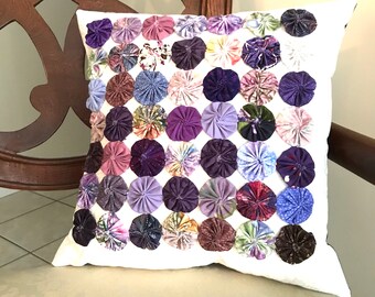 Shades of Purple Yo Yo Quilt, Decorative Accent Pillow, Handmade Original Design, Purple, Lilac, Lavender, Eggplant, Wine