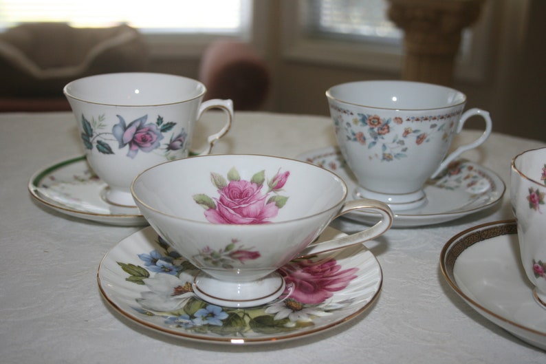 Vintage Eclectic Orphan Mismatched Set of Six Cups and Saucer Fine China Flower Floral Rose Tea Coffee Time