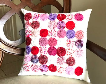 Valentine's Day, Yo Yo Quilt, Decorative Accent Pillow, Handmade Original Design