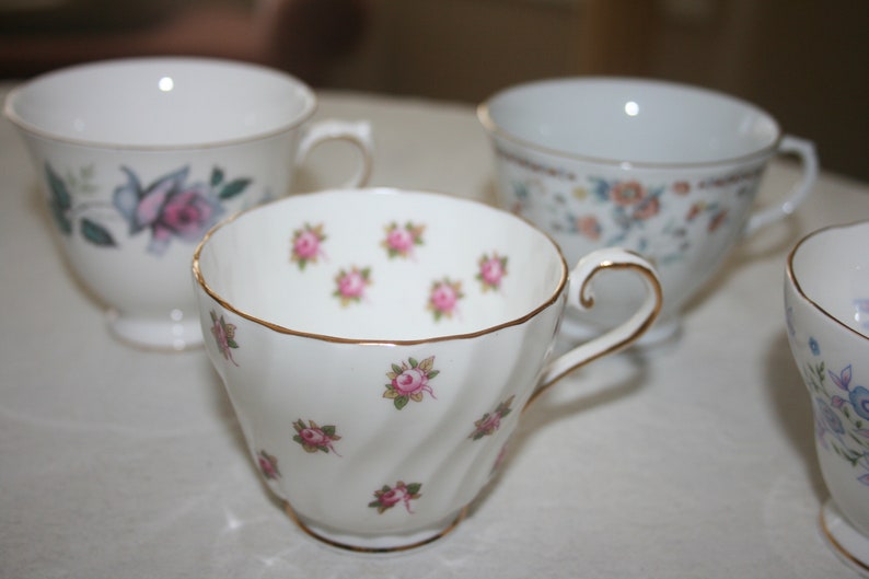 Vintage Eclectic Orphan Mismatched Set of Six Cups and Saucer Fine China Flower Floral Rose Tea Coffee Time