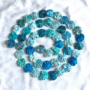 6 Feet of Shades of Ocean, Quilted Yo Yo Garland, Blue, Aqua, Turquoise Colors, Handmade image 1