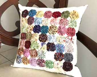 Shades of Country, Calico, Yo Yo Quilt, Decorative Accent Pillow, Handmade Original Design