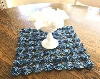 Fun Blue Pom Pom Fabric Pattern, Quilted Yo Yo Placemat, Table Square, Mat, Runner, White, Blue Colors, Handmade