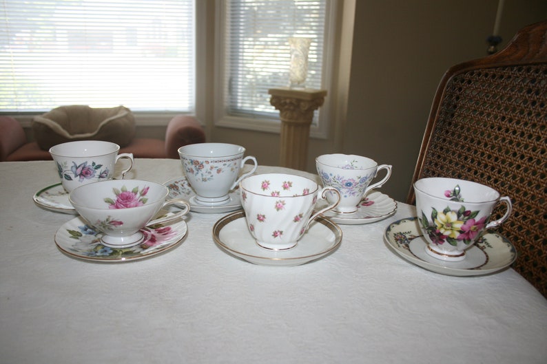 Vintage Eclectic Orphan Mismatched Set of Six Cups and Saucer Fine China Flower Floral Rose Tea Coffee Time