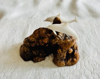 Vintage Signed John Perry Two Dolphin Sculpture Burlwood Base Nature Ocean