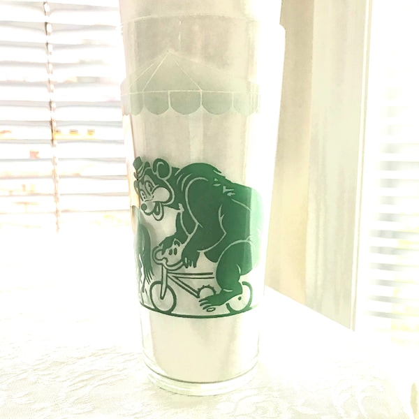 Vintage Green and White Circus Glass, Drinking Glass, Tumbler, Bear, Bicycle, Horses, Lady. Woman