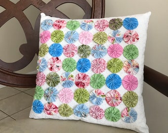 Spring Pastels Yo Yo Quilt, Decorative Accent Pillow, Handmade Original Design, Pink, Blue, Green, Rose, White, Spring, Easter