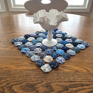 Shades of Blue and White, Quilted Yo Yo Placemat, Table Square, Mat, Runner, White, Blue Colors, Handmade