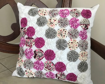 Modern Pink, Gray and White, Yo Yo Quilt, Decorative Accent Pillow, Handmade Original Design