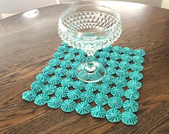 Aqua, Turquoise, Quilted Yo Yo Placemat, Table Square, Mat, Runner, Handmade