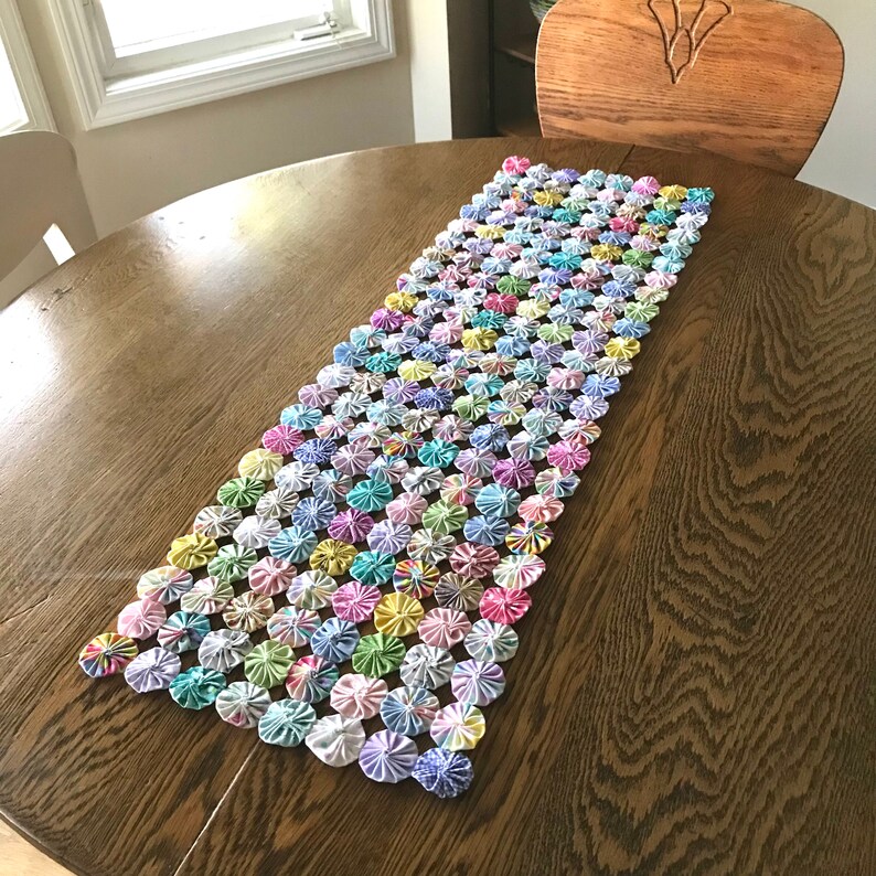 Handmade Yo Yo Quilted Runner, Pastel Easter Spring Colors image 8