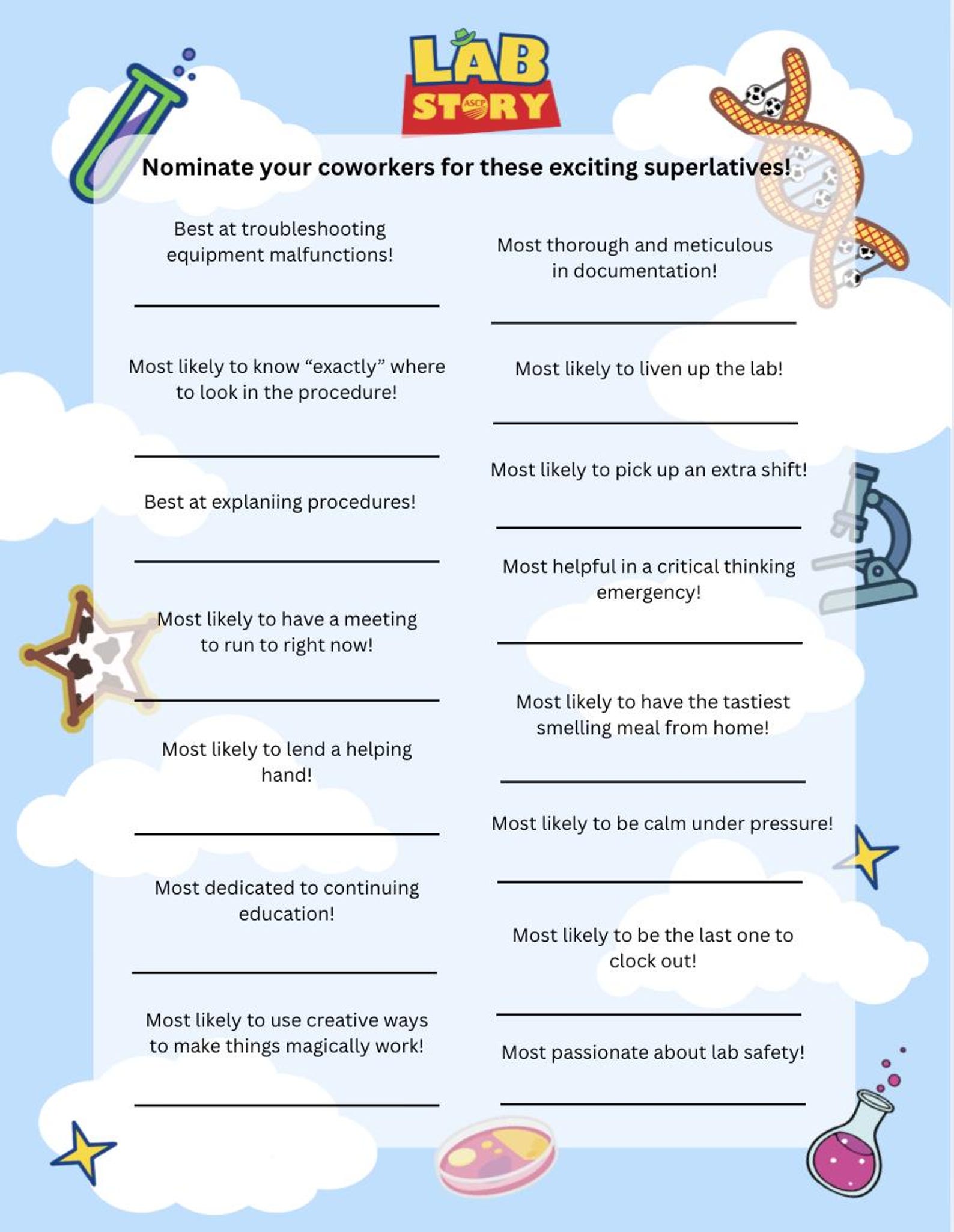 Lab Week Games / Lab Story Activities and Superlatives - Etsy
