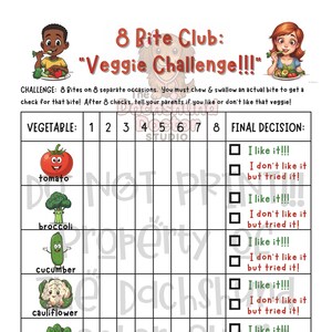 Peut inclure: Un tableau color&eacute; pour le "8 Bite Club: Veggie Challenge!!!" avec des illustrations de l&eacute;gumes comme les tomates, le brocoli et les asperges. Le tableau comprend des espaces pour suivre les bouch&eacute;es et les d&eacute;cisions finales.